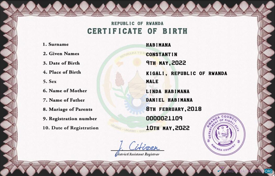 Download Rwanda birth certificate PSD template Photoshop template